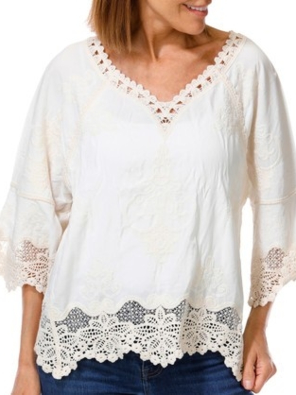 Democracy Ivory V-Neck Crochet-Trim Tunic Top